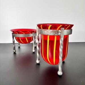 Art Glass Ruby Red Candle Holders (2) – Yellow Stripes –Round Bottom-Metal Stand